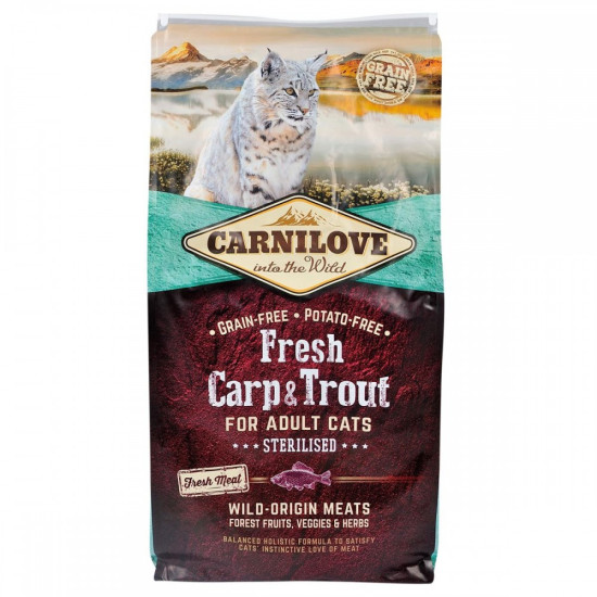 Корм сухий Carnilove Fresh Carp and Trout Sterilised for Adult cats для дорослих стерилізованих та кастрованих котів з короп