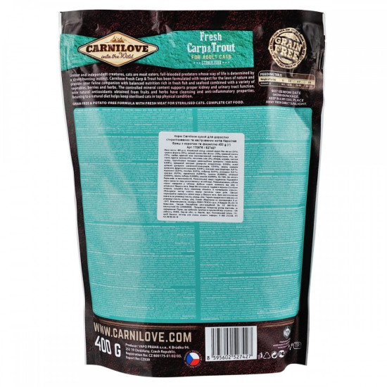 Корм сухий Carnilove Fresh Carp and Trout Sterilised for Adult Cats для дорослих стерилізованих та кастрованих котів з короп