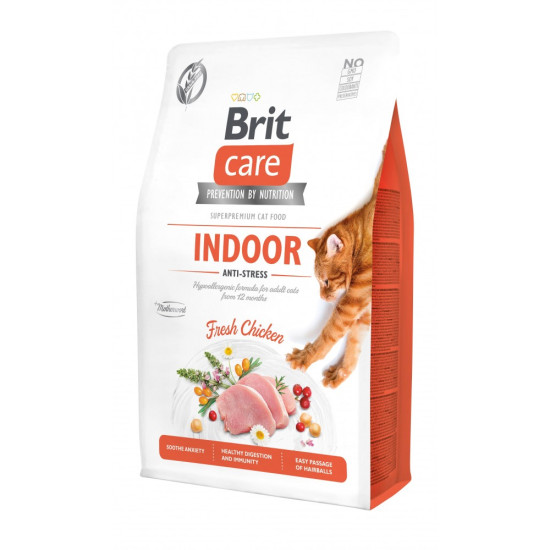 Корм сухий Brit Care Cat Grain Free Indoor Anti-stress для дорослих домашніх котів гіпоалергенний з куркою 2 кг