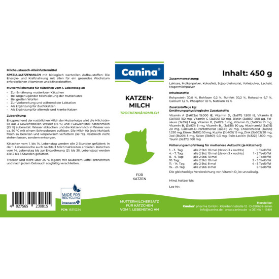 Замінник молока Canina Katzenmilch для кошенят сухе молоко 450 г