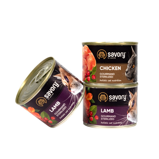 Набір Savory корм сухий для стерилізованих котів 2кг + консерви 3*200г