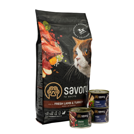 Набір Savory корм сухий для котів з чутливим травленням 2кг + консерви 3*200г