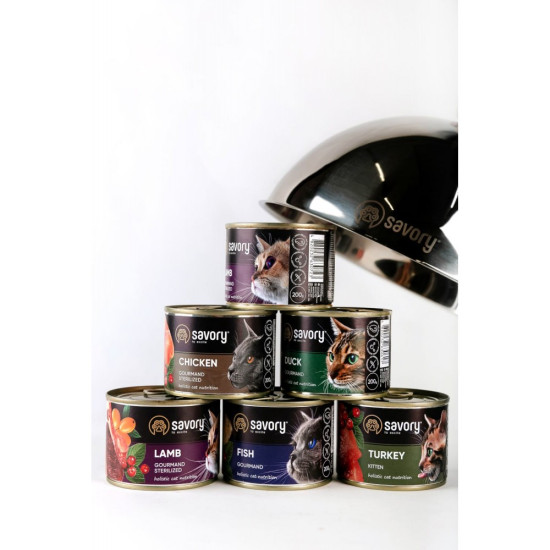 Корм вологий Savory Cat Can Adult Sterilised консерви для стерилізованих котів з ягням 400 г