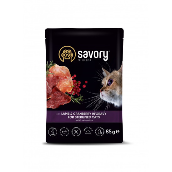 Корм вологий Savory Sterilised Cat Pouch Lamb and Cranberry in Gravy для стерилізованих котів з ягням та журавлиною у соусі
