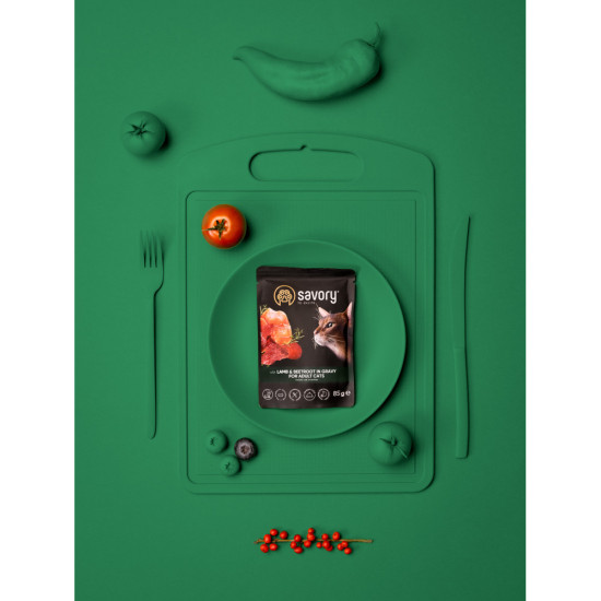 Корм вологий Savory Adult Cat Pouch Lamb and Beetroot in Gravy для дорослих котів з ягням та буряком у соусі 85 г
