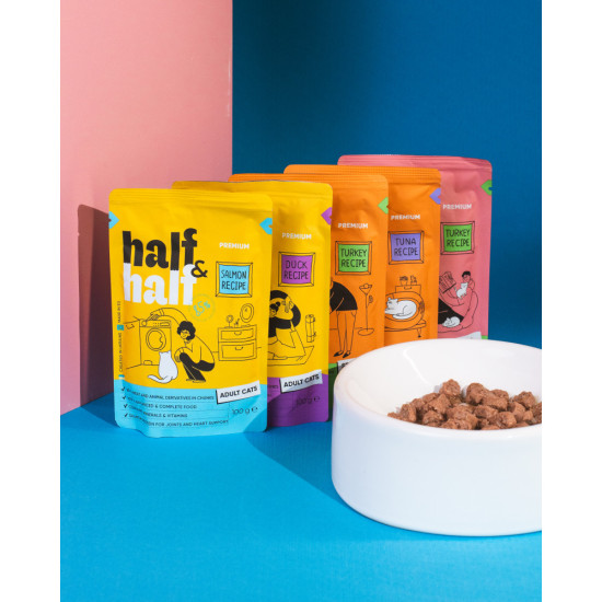 Корм вологий HalfHalf для дорослих котів шматочки з лососем у желе у формі пауча 100г