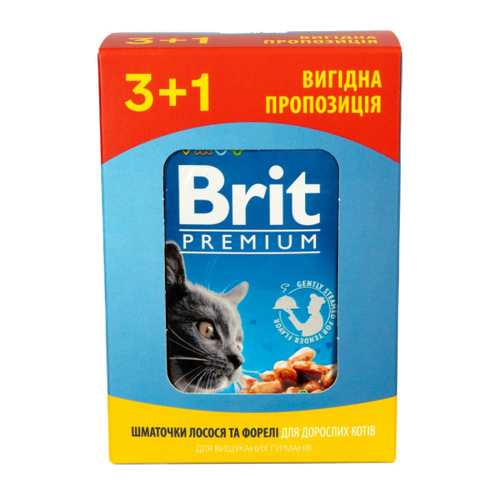 Набір паучів 3+1 Brit Premium Cat Beef Salmon and Trout для котів шматочки в соусі з лососем і фореллю 4х100 г