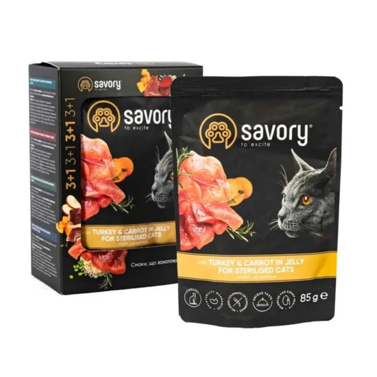 Набір паучів Savory Sterilised Cats with Turkey and Carrots in Jelly 3+1