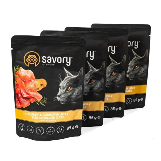 Набір паучів Savory Sterilised Cats with Turkey and Carrots in Jelly 3+1