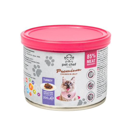 Вологий корм для котів Pet Chef шматочки в желе з індичкою 200г