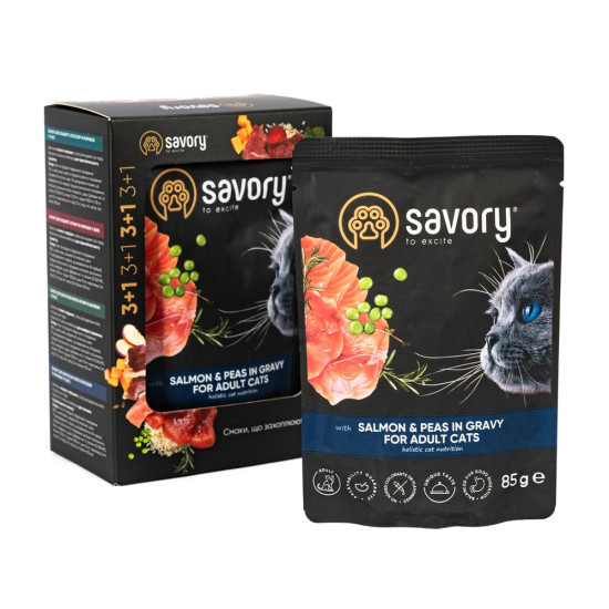 Набір паучів 3+1 Savory Adult Cat Salmon and Peas in Gravy для котів шматки в соусі з лососем та горохом 4х85 г
