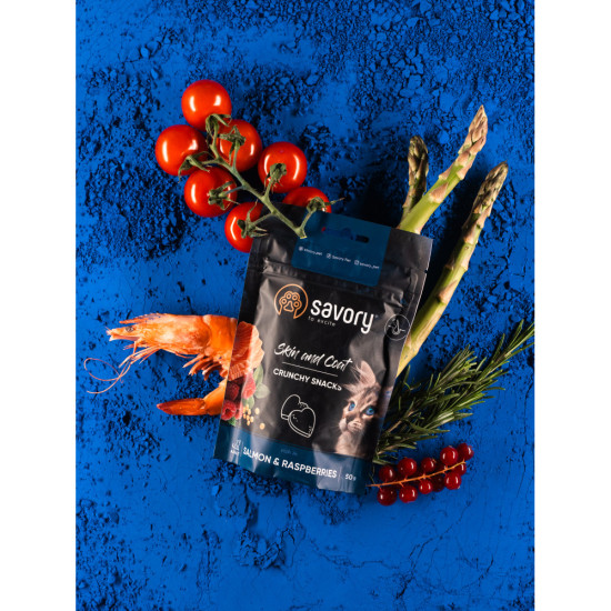 Хрусткі ласощі Savory для здоров’я шкіри та шерсті, лосось і малина