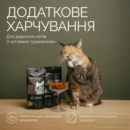 Хрумкі ласощі Savory Cats Snacks Pillows Sensitive для дорослих котів з чутливим травленням, 60 г