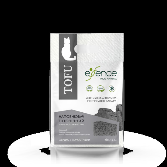 Наповнювач гігієнічний Essence мм для котячого туалету для екстра поглинання запаху натуральний з тофу з вугіллям гранула 1-