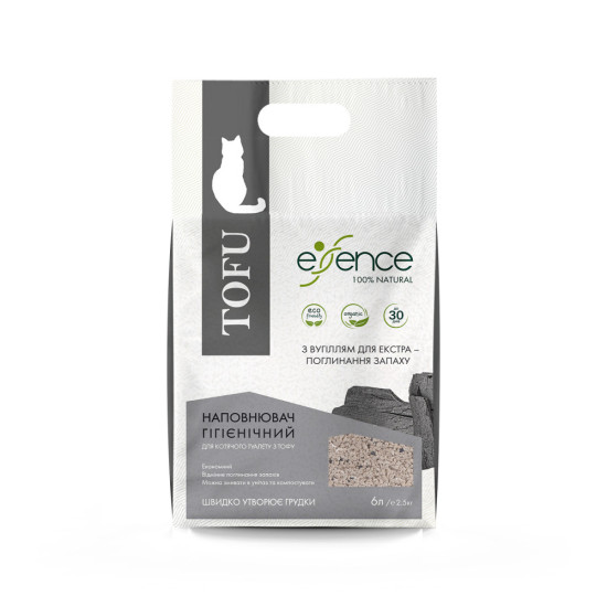 Наповнювач гігієнічний Essence мм для котячого туалету для екстра поглинання запаху натуральний з тофу з вугіллям гранула 1-