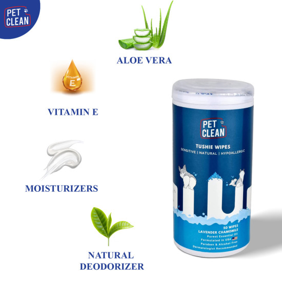 Серветки вологі Pet Clean PET TUSHIE WIPES гіпоалергенні для домашніх тварин   з ароматом Алое Вера 50шт