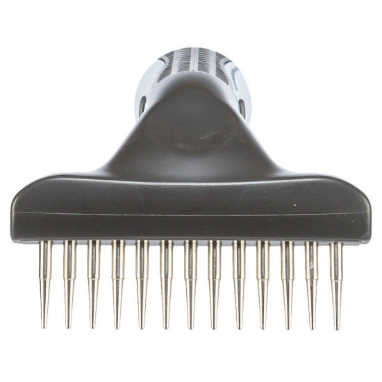 Гребінець-граблі Trixie для довгошерстих собак однорядна з довгим обертовим зубом металева з пластиковою ручкою 7х14 см