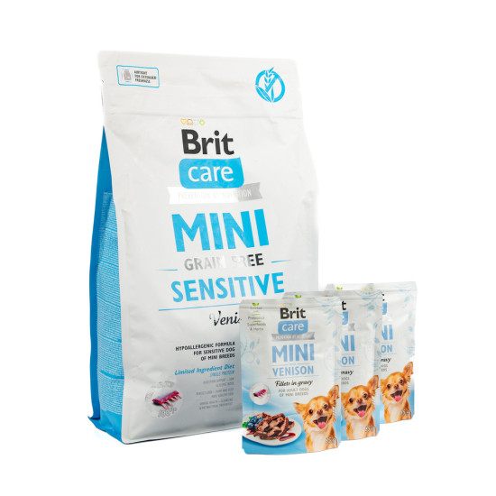 НАБІР Корм сухий Brit Care Mini GF Sensitive д/собак малих порід з чутливим травленням оленина 2 кг + 3 паучи 85 г