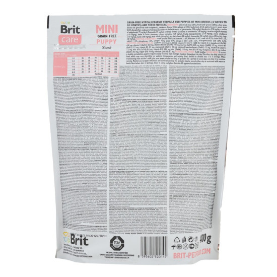 Корм сухий Brit Care Grain Free Mini Puppy Lamb для цуценят та молодих собак мініатюрних порід з ягням 400 г