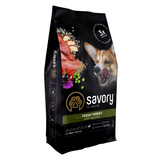 Корм сухий Savory All Breed Sterilised rich in Fresh Turkey для стерилізованих собак усіх порід зі свіжою індичкою 12 кг