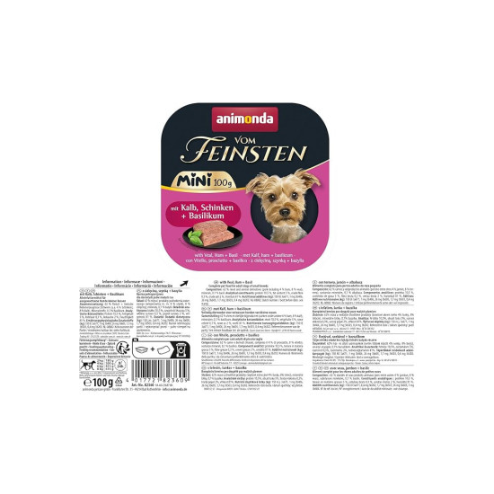Корм вологий Animonda Vom Feinsten Mini для дорослих собак малих порід з телятиною, шинкою + базилік 100 г