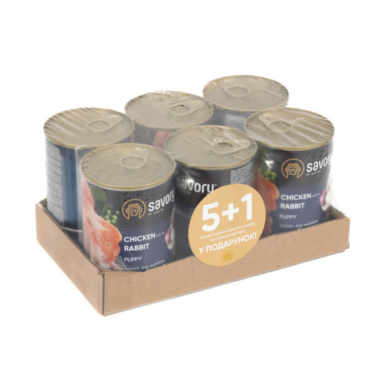 Набір 5+1 заводська упаковка Корм вологий Savory Dog All breeds Puppy Chicken rich in Rabbit паштет для цуценят усіх порід з
