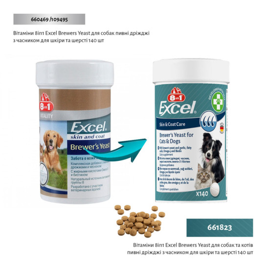Вітаміни 8in1 Excel Brewers Yeast для собак та котів  пивні дріжджі з часником для шкіри та шерсті 140 шт