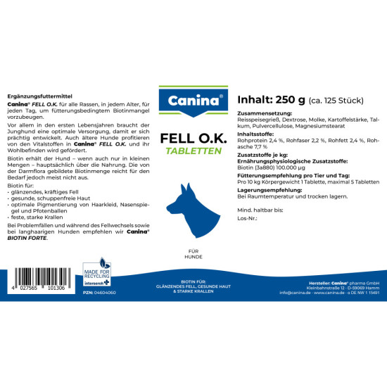 Вітамінний комплекс Canina Fell O.K. для собак Біотин для шерсті 250 г 125 табл.