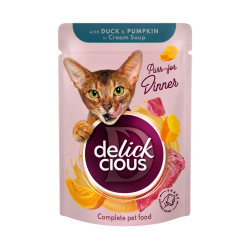 Вологий корм для кішок Delickcious Смужки з качкою та гарбузом в крем-супі 85 г (4820269141797)