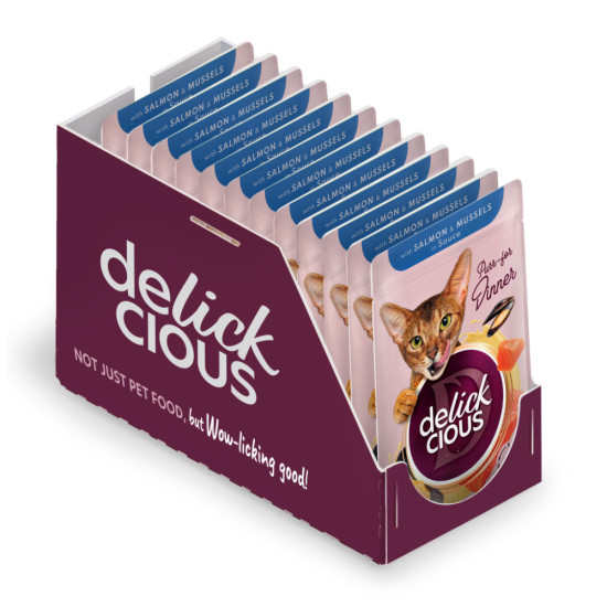 Вологий корм для кішок Delickcious Шматочки з лососем і мідіями в соусі 85 г (4820269143135)