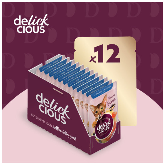 Вологий корм для кішок Delickcious Шматочки з лососем і мідіями в соусі 85 г (4820269143135)