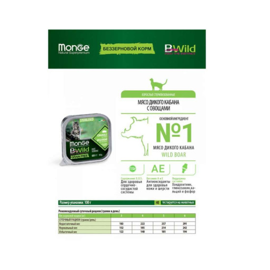 Паштет для котів Monge BWild Grain Free Wet Wild Boar Sterilised Cat 100 г (8009470012904)
