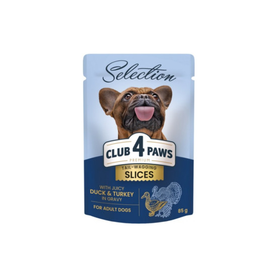 Вологий корм для собак Club 4 Paws Selection Плюс Шматочки з качкою та індичкою в соусі 85 г (4820215368049)