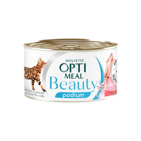 Консерви для котів Optimeal Beauty Podium смугастий тунець у соусі з кальмарами 70 г (4820215366243)