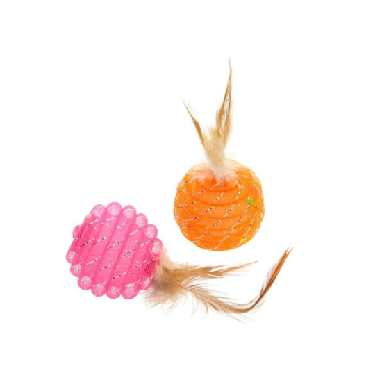 Іграшка для котів Hippie Pet М'ячики з пір'ям, рожевий і помаранчевий 5 см 2 шт (HIPCT18118RO)