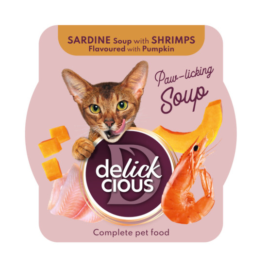 Вологий корм для кішок Delickcious Суп з сардини з креветками та додаванням гарбуза 80 г (4820269141568)
