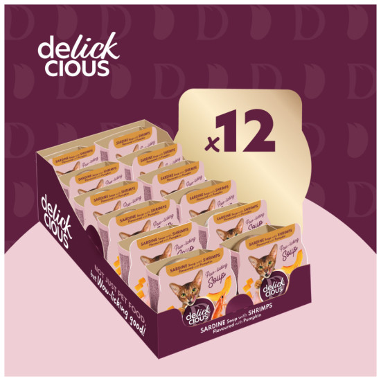 Вологий корм для кішок Delickcious Суп з сардини з креветками та додаванням гарбуза 80 г (4820269141568)