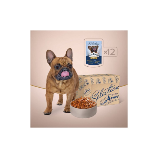 Вологий корм для собак Club 4 Paws Selection Плюс Шматочки з лососем та макрелью в соусі 85 г (4820215368056)