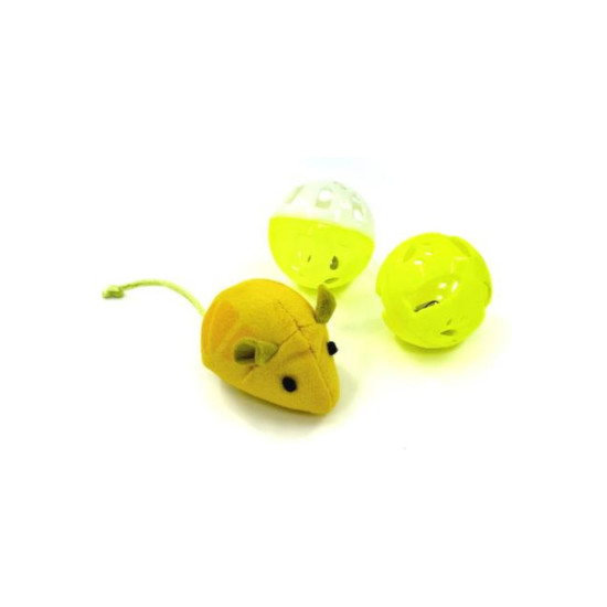 Іграшка для котів Hippie Pet Мишка та два м'ячика, жовта (HIPSET2303002)