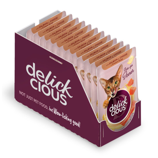 Вологий корм для кішок Delickcious Смужки з лососем та сиром в крем-супі 85 г (4820269141803)