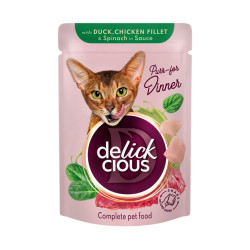 Вологий корм для кішок Delickcious Шматочки з качкою, курячим філе і шпинатом в соусі 85 г (4820269143142)