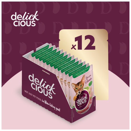 Вологий корм для кішок Delickcious Шматочки з качкою, курячим філе і шпинатом в соусі 85 г (4820269143142)