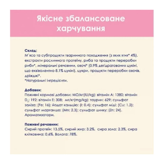 Вологий корм для кішок Purina Cat Chow З Ягням та Цукіні в желе 85 г (8445290426536)