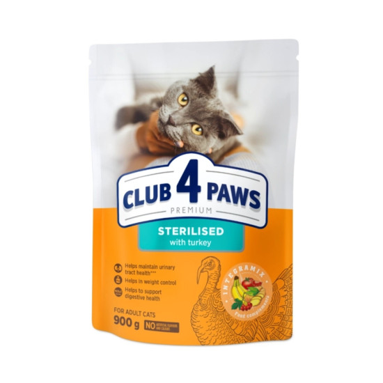 Сухий корм для кішок Club 4 Paws Преміум для стерилізованих з індичкою 900 г (4820269144910)