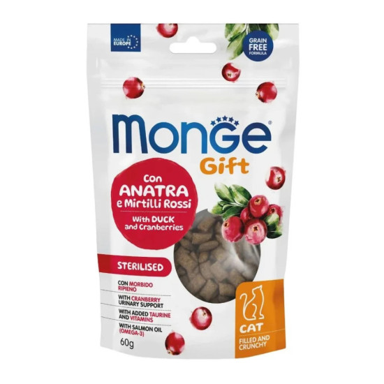 Ласощі для котів Monge Gift Cat Sterilised з качкою та журавлиною 60 г (8009470085052)