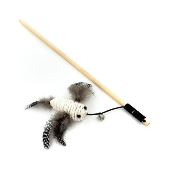 Іграшка для котів Hippie Pet Вудка з пташкою з мотузки та пір'я біла 40 см (HIPCW2303008B)