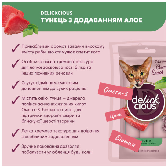 Ласощі для котів Delickcious Тунець з додаванням алое 4 х 15 г (4820269141605)