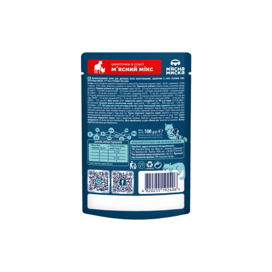 Вологий корм для кішок М'ясна Миска шматочки в соусі м'ясний мікс 100 г (4820255192406)