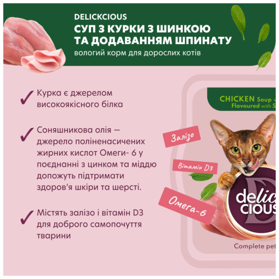 Вологий корм для кішок Delickcious Суп з курки з шинкою та додаванням шпинату 80 г (4820269141599)