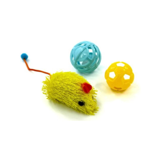 Іграшка для котів Hippie Pet Мишка та два м'ячика, жовтий і синій (HIPSET2303001)